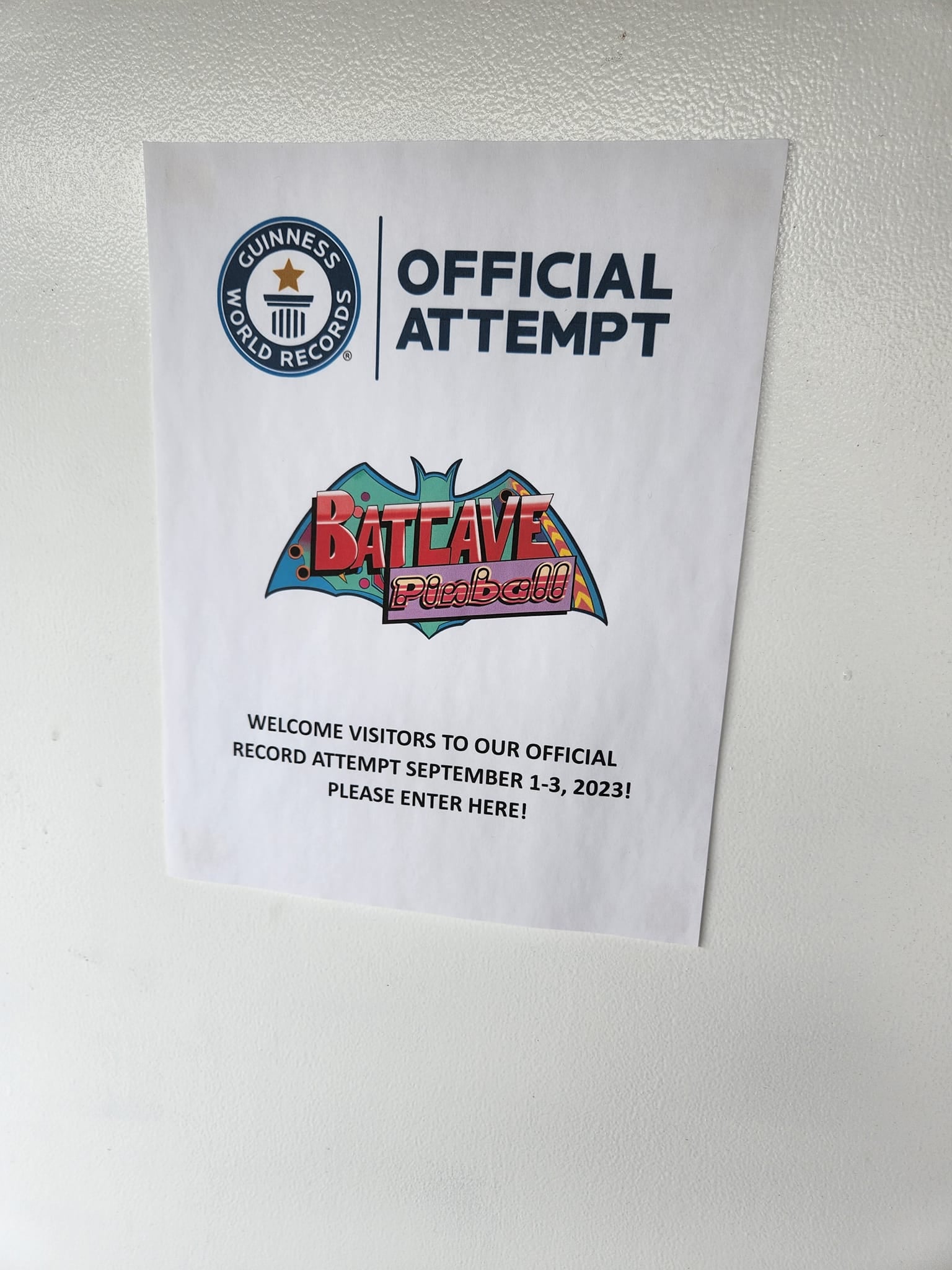 Guinness World Records official attempt poster for Batcave Pinball event