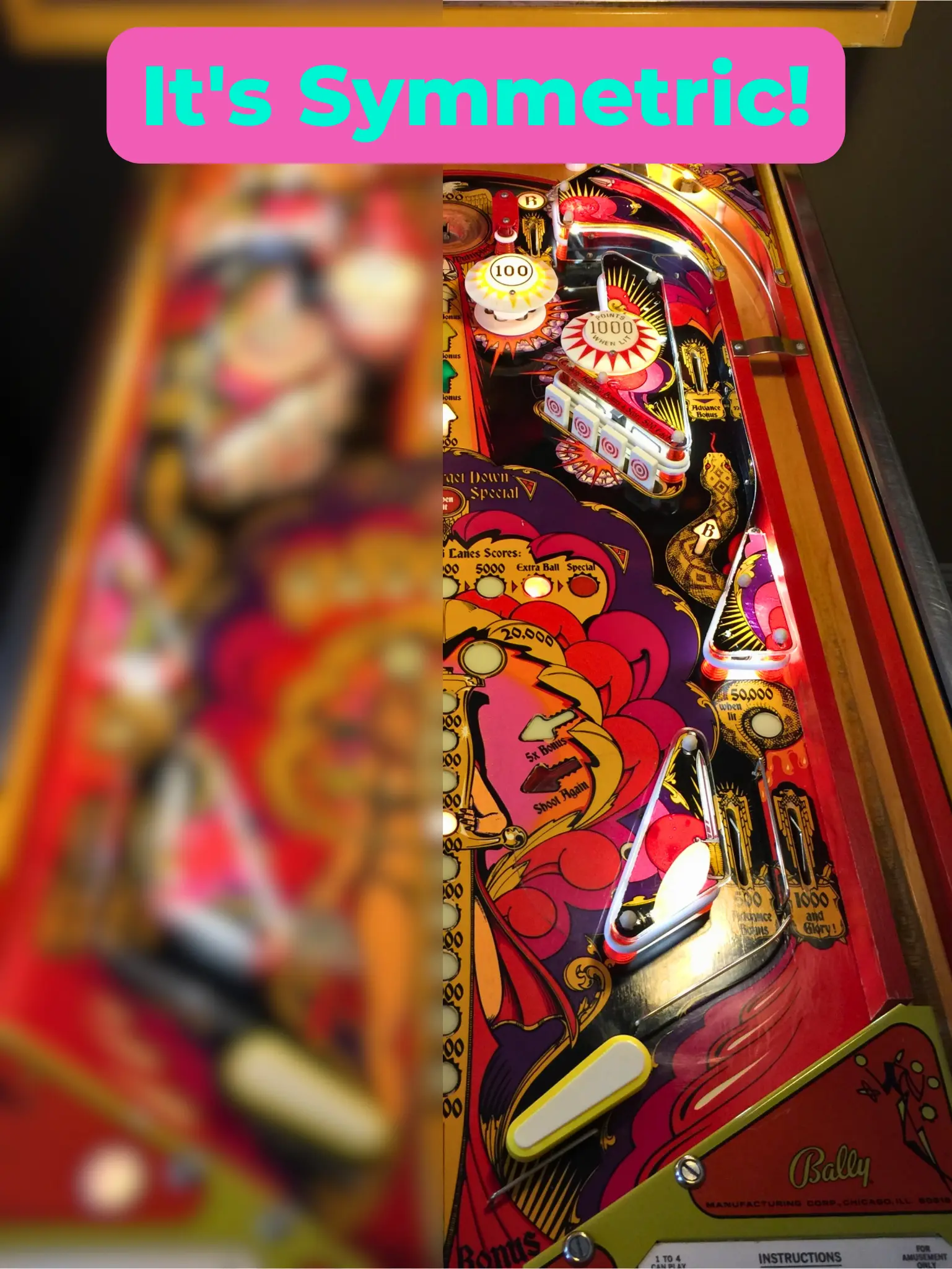 Colorful vintage Bally pinball machine playfield with vibrant scoring zones