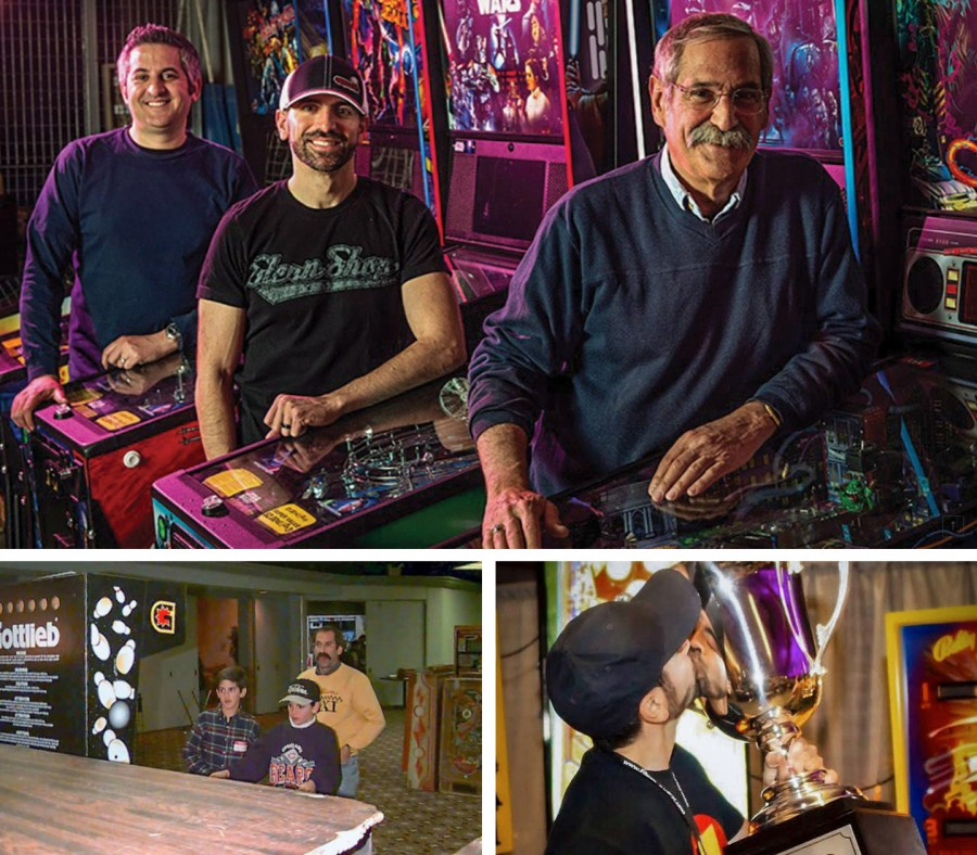 Pinball enthusiasts of different ages posing with arcade machines