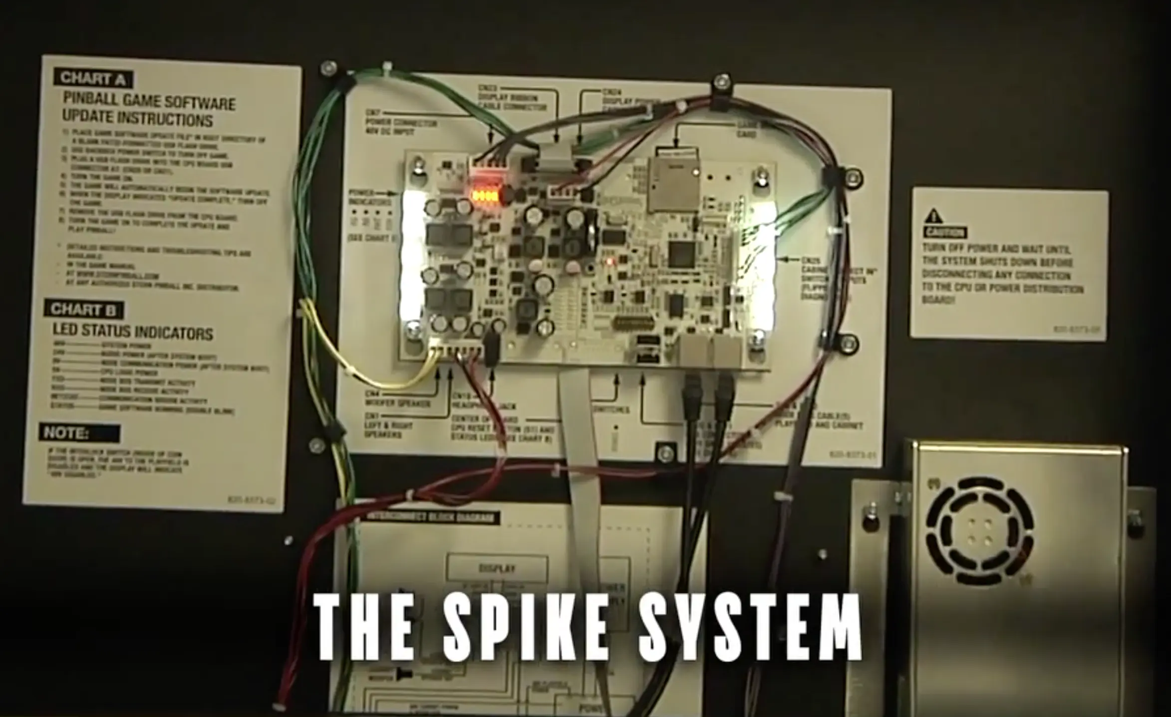 Pinball game circuit board with wiring, charts, and The Spike System logo
