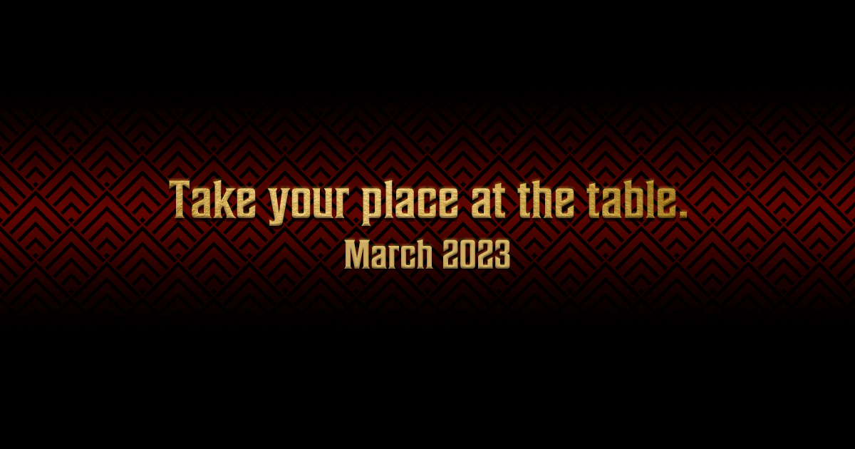 Gold text "Take your place at the table" on red geometric background